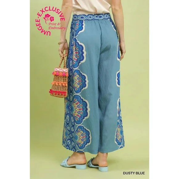C5968B Umgee Print Wide Palazzo Pants Dusty Blue Various Sizes - Picture 5 of 5
